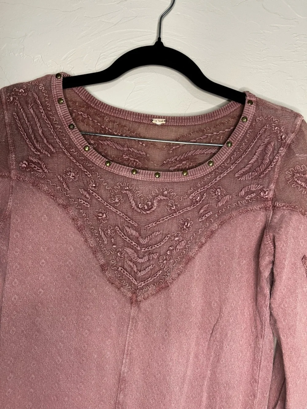 Free People Embellished Embroidered Sheer‎ Lace Boho Mauve Long Sleeve Top